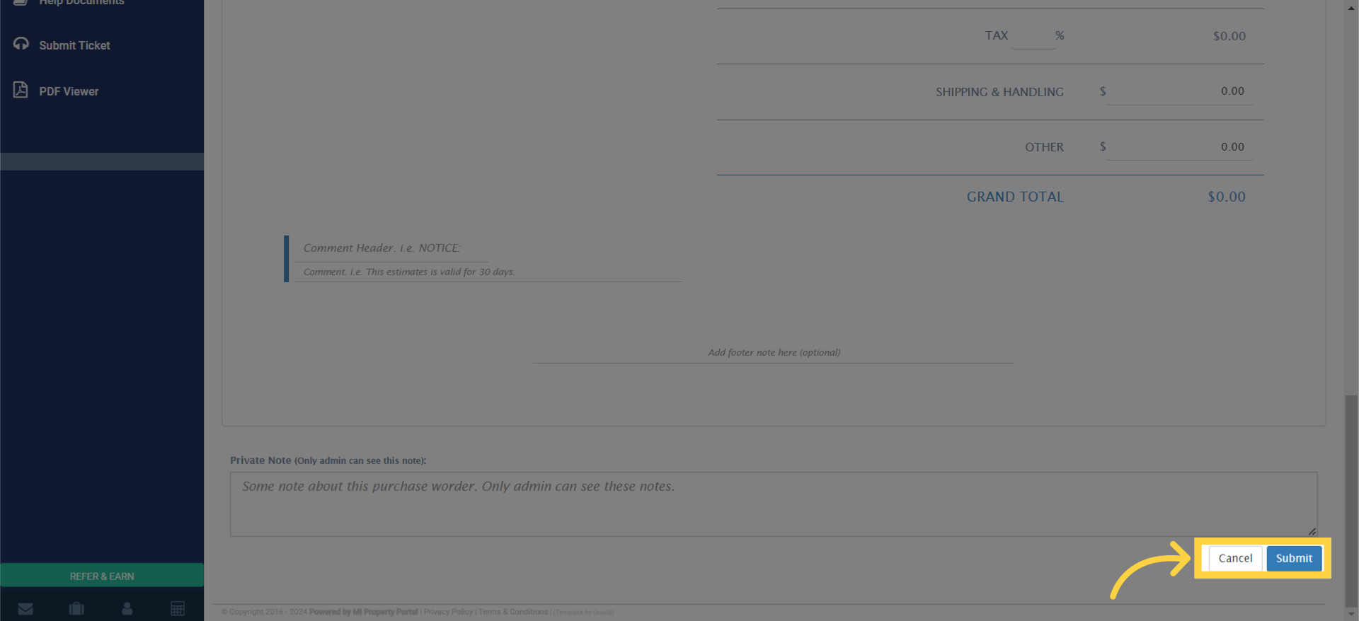 click on 'Submit' to finalize the Purchase Order.