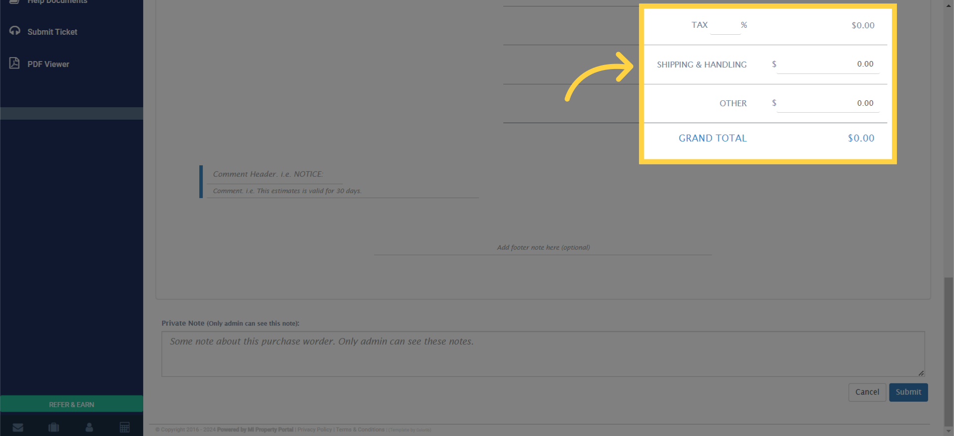 Once quantities and prices are entered, the Grand Total will be calculated. Add any applicable discounts, taxes, shipping costs, or other charges.