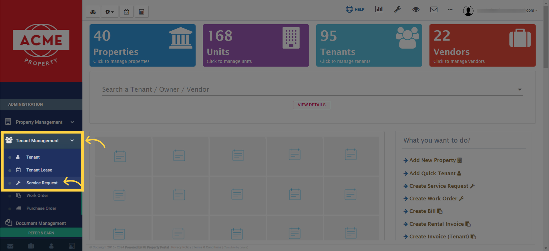 Select 'Service Request' under the 'Tenant Management' dropdown.