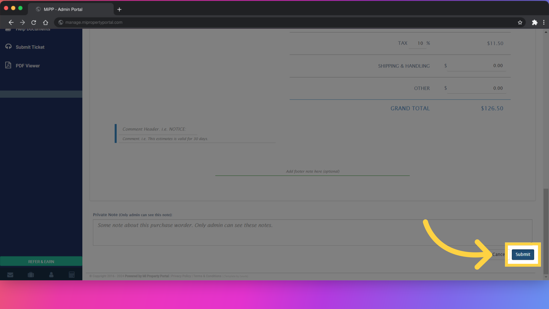 Click on 'Submit' to finalize the Purchase Order