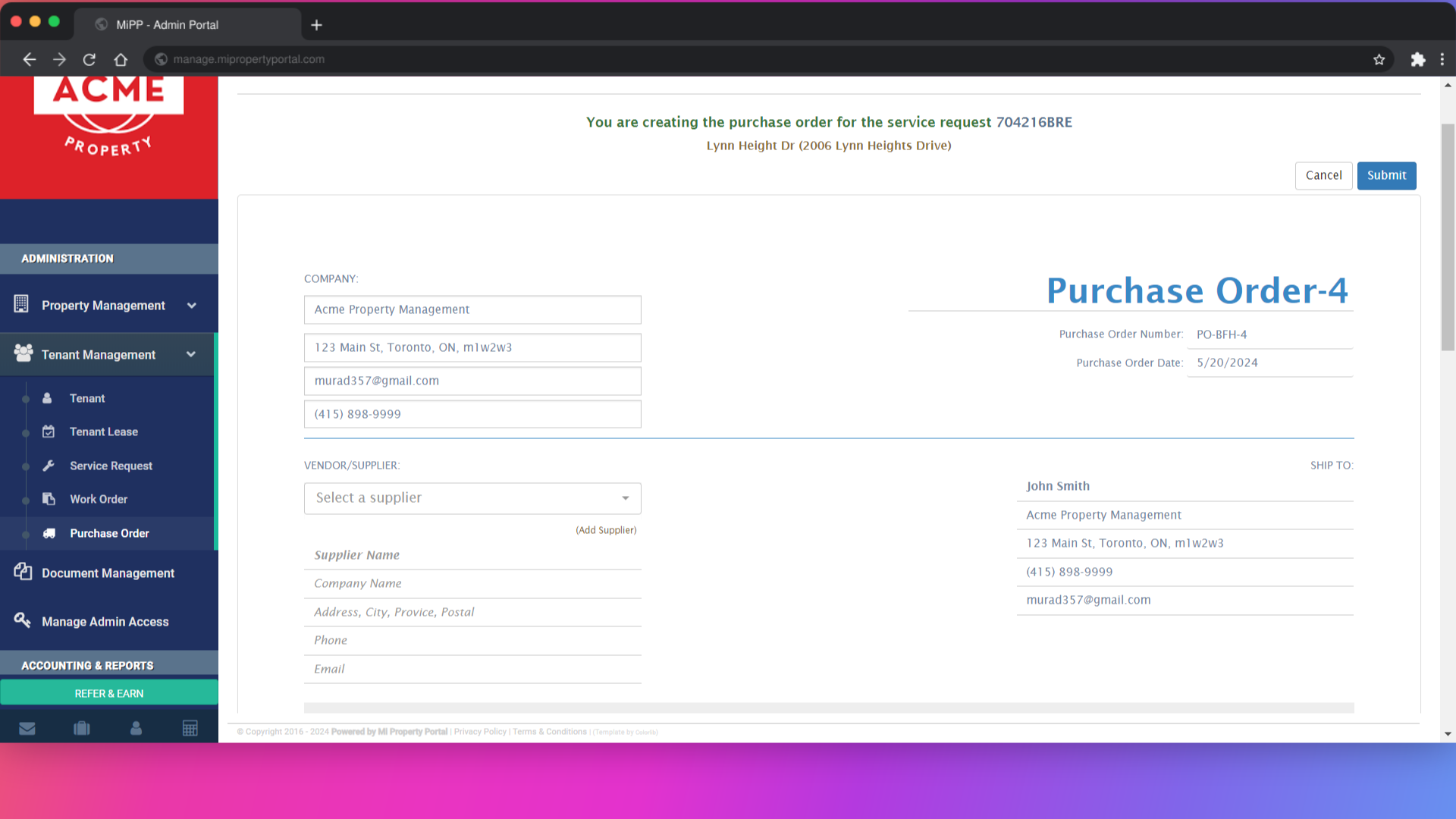The Purchase Order is generated with basic saved information. Scroll down to proceed.