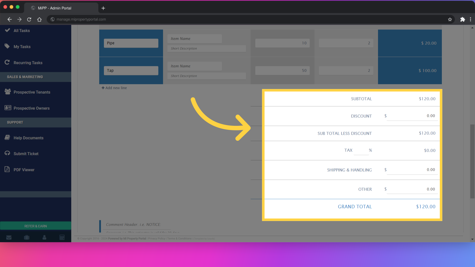 Complete fields for 'Discount', 'Tax', 'Shipping & Handling', and any other applicable details