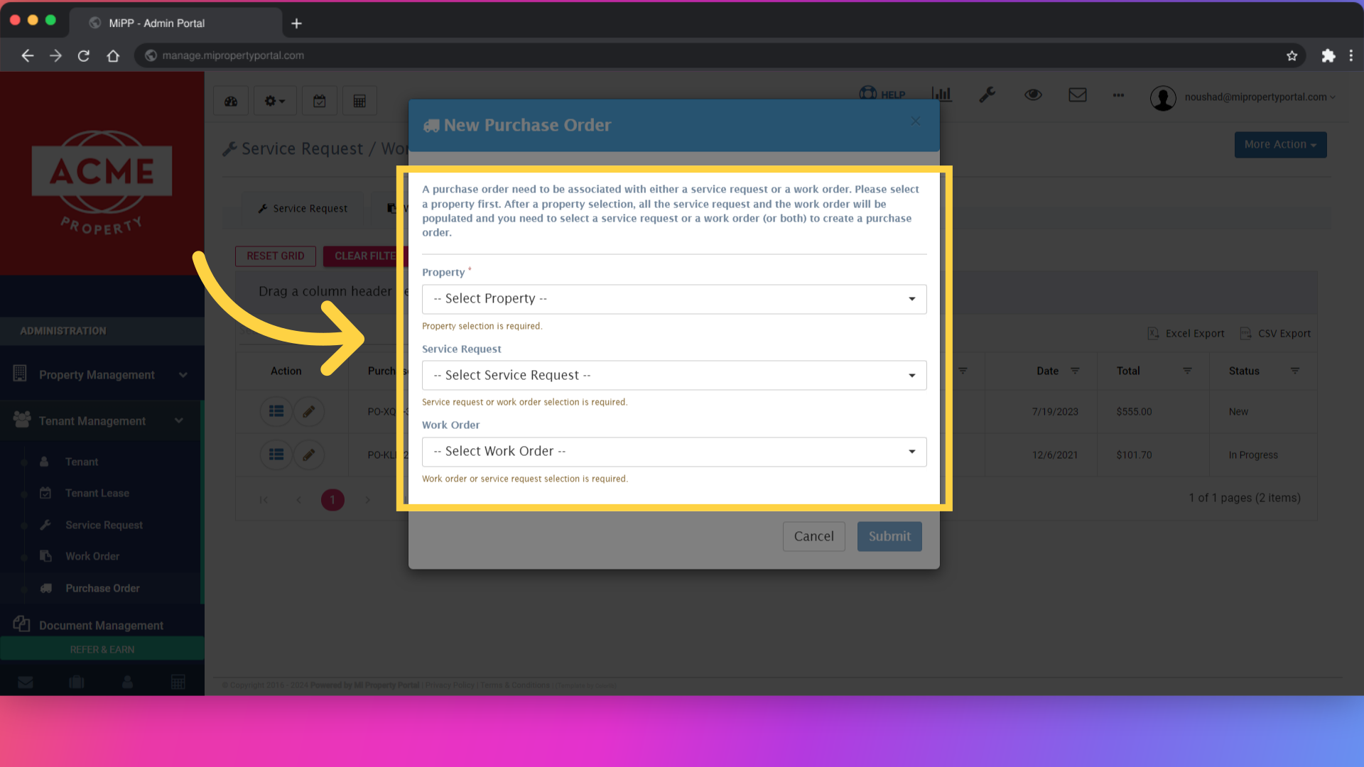 Choose options from all three dropdowns