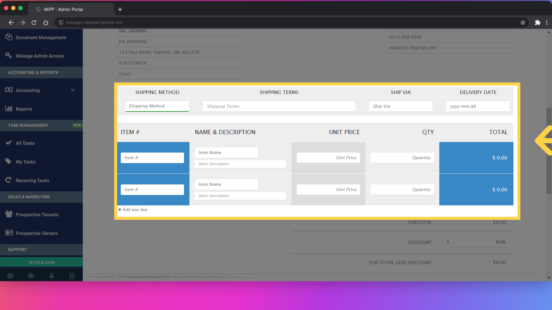 Fill in the necessary fields for Shipping Method, Shipping Terms, Ship Via, and Delivery Date