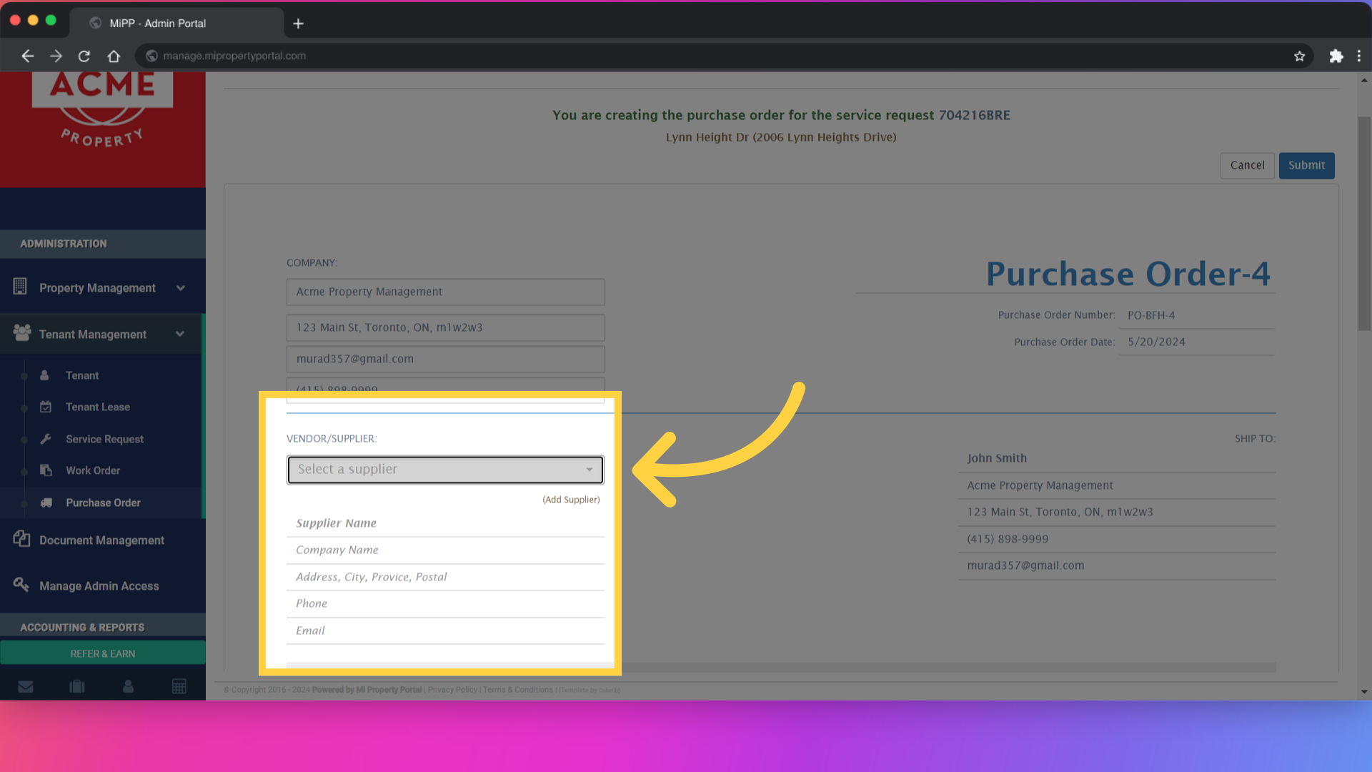 Select a vendor or supplier from the dropdown list
