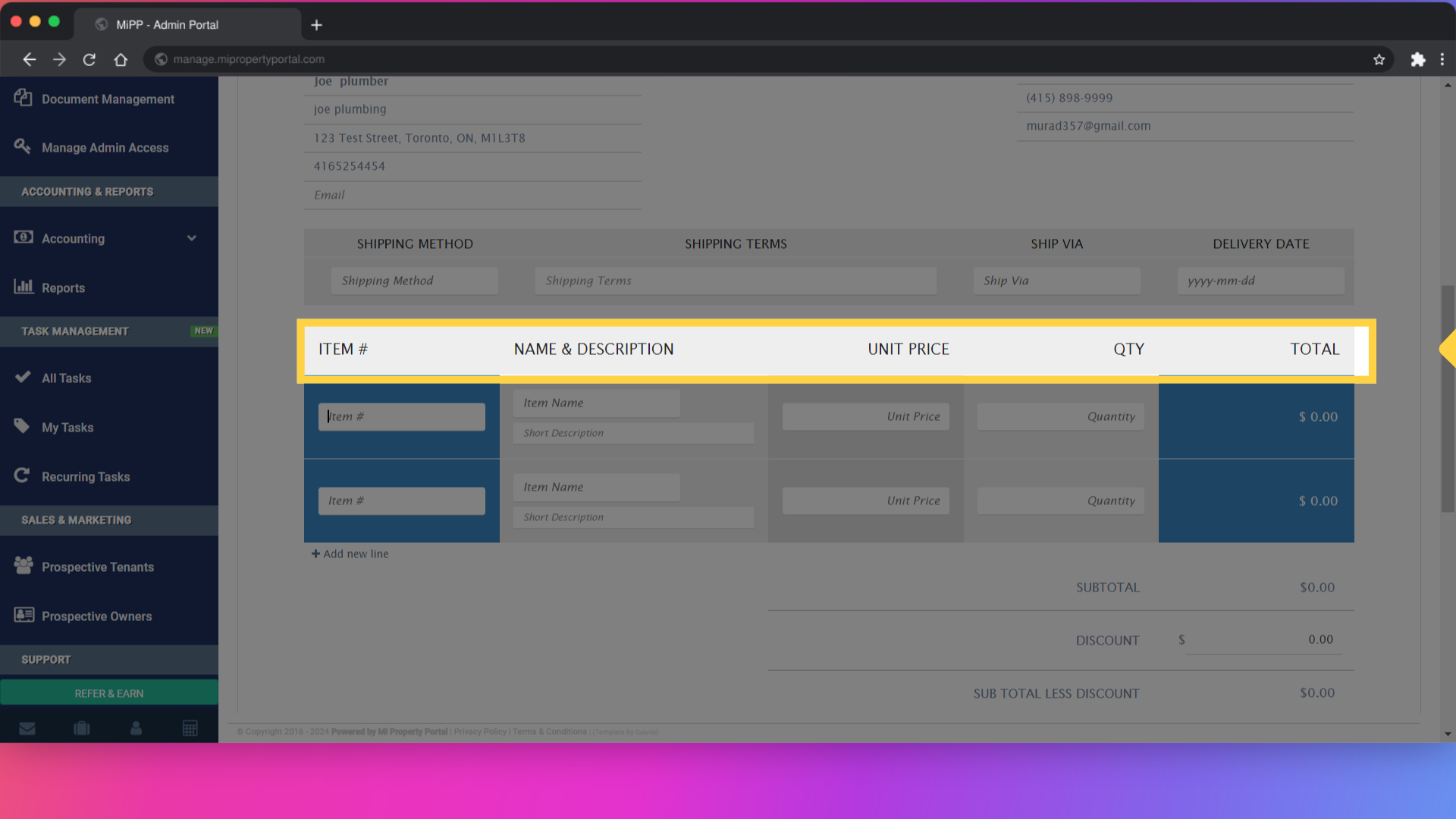 Provide details under 'Item#', 'Name & Description', 'Unit Price', and 'QTY'