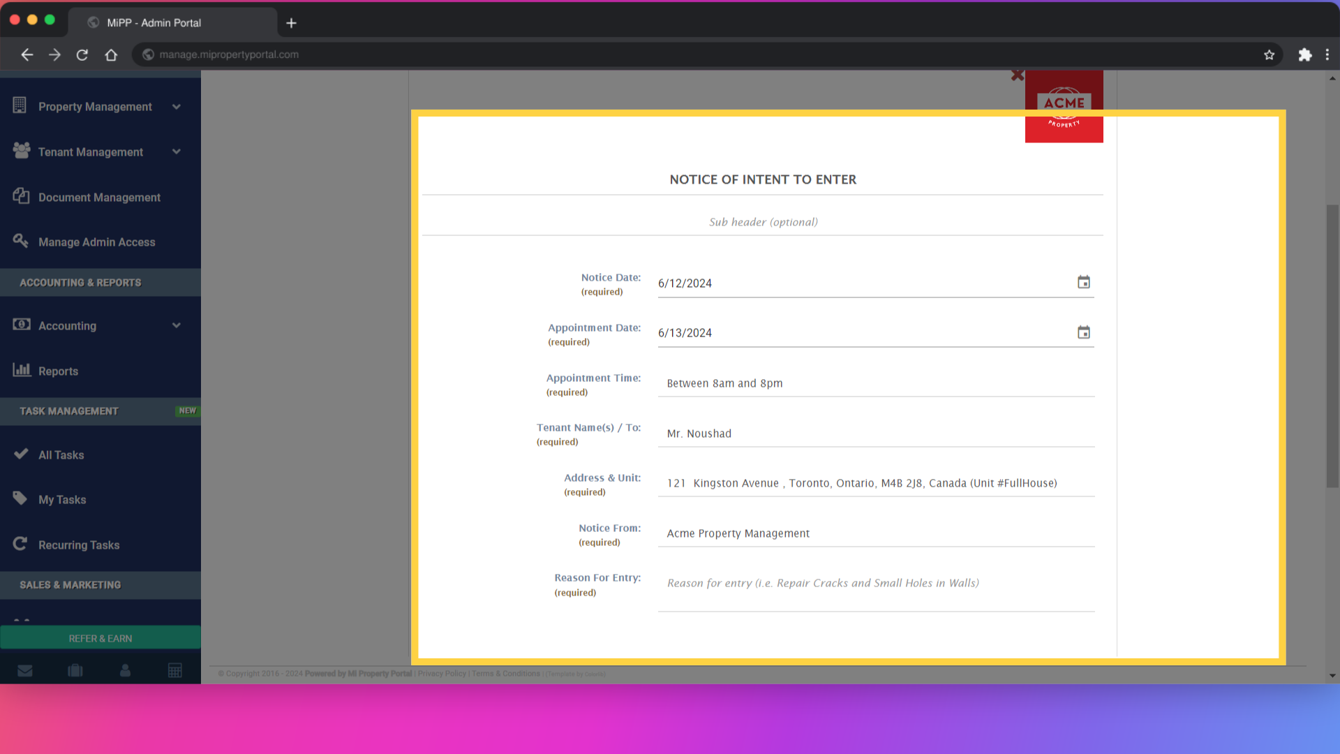 Click 'Tenant Name(s) / To:(required)'