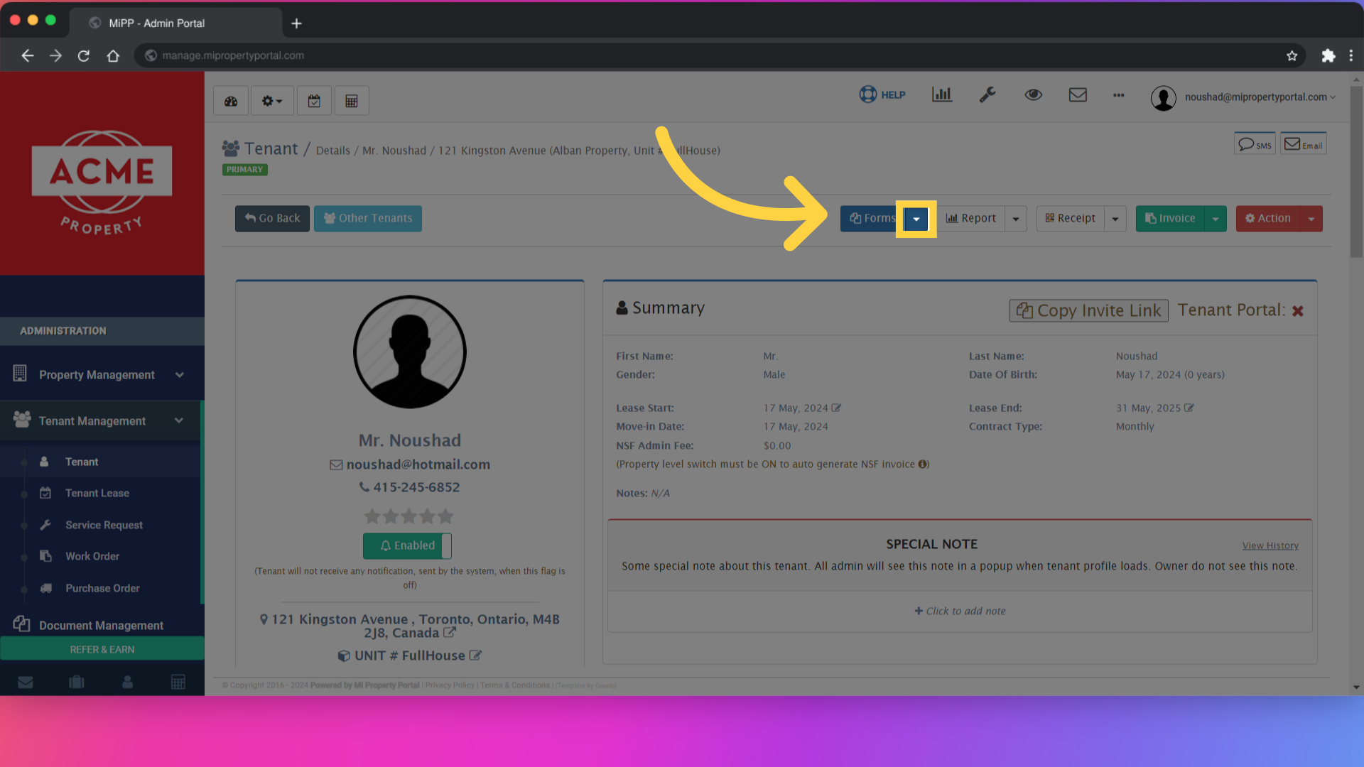 Click on the form dropdown menu