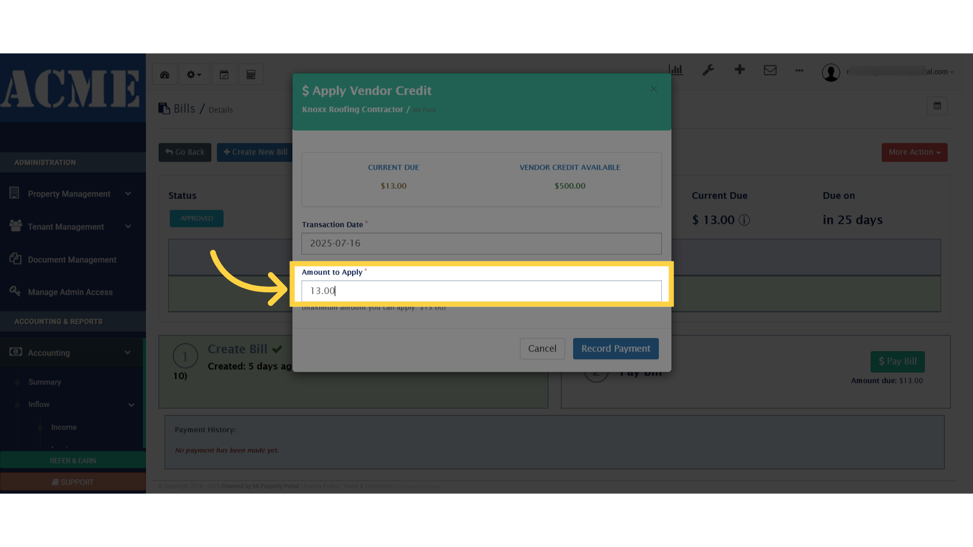 Click 'Amount to Apply *'