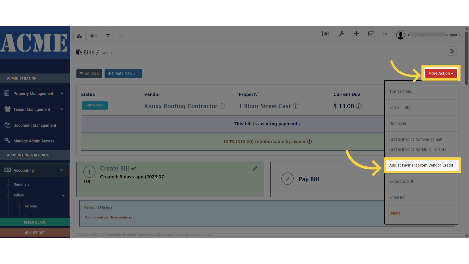 Click 'Adjust Payment From Vendor Credit'