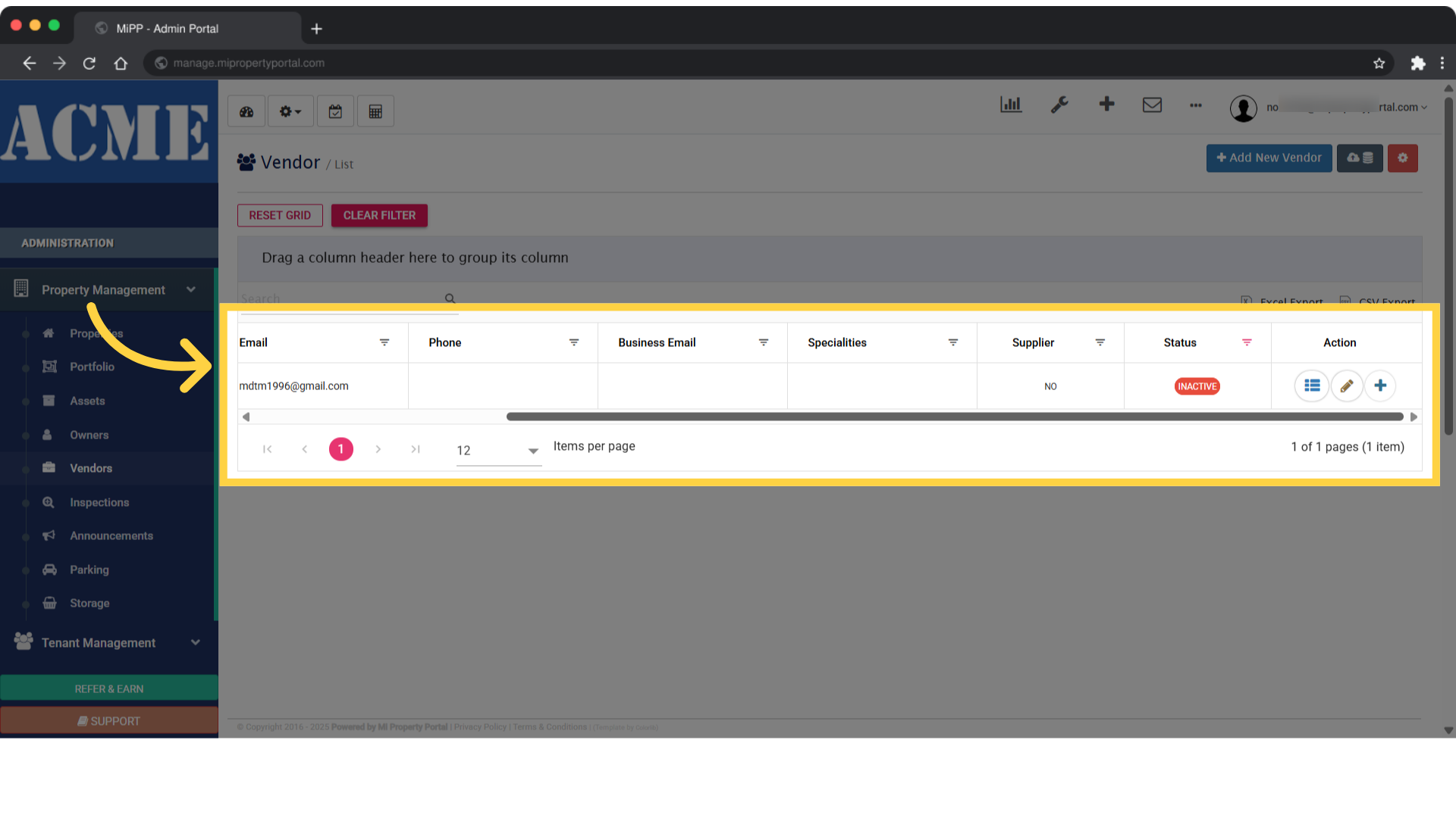 Once that’s done, the vendors with an 'Inactive' status will appear, marked with an eclipse icon in the list.