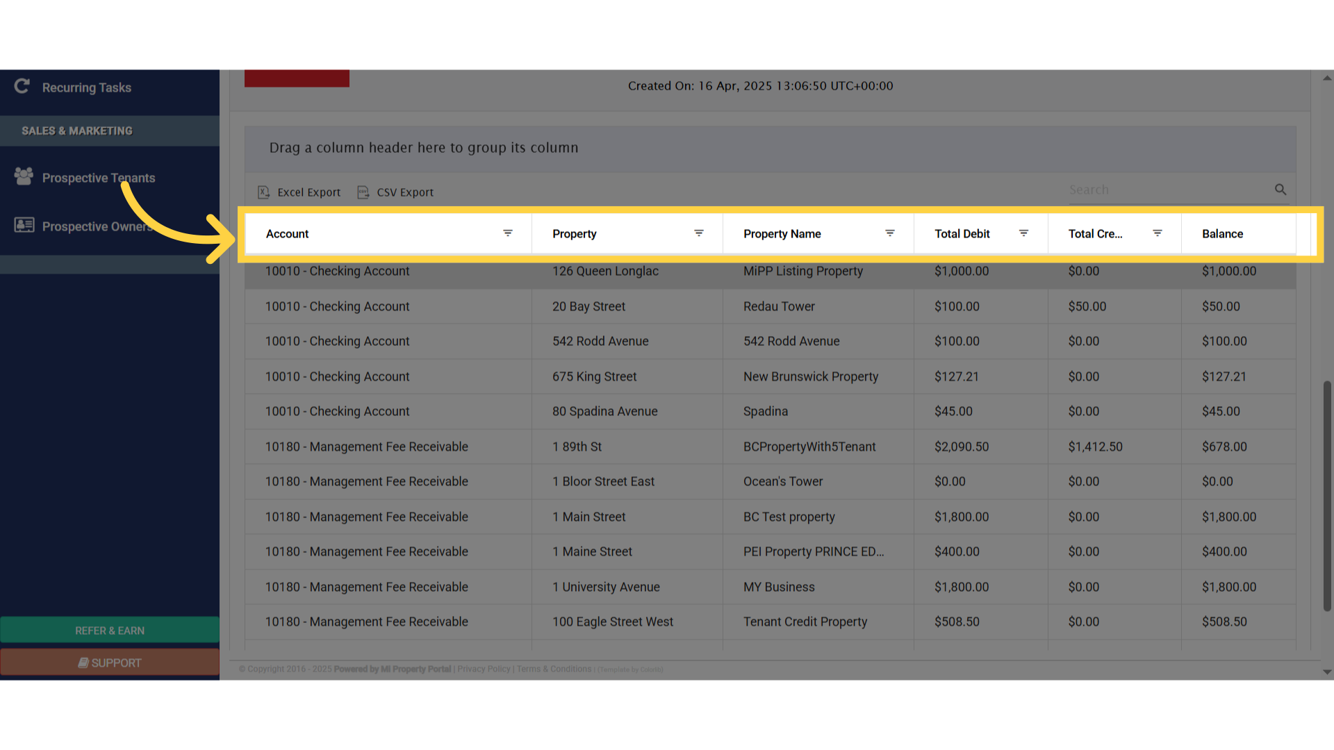 Click 'Excel ExportCSV Export'