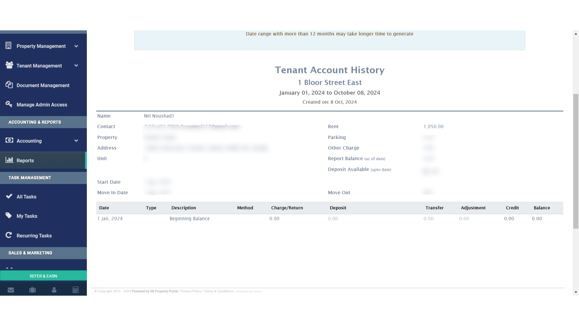 Click 'Tenant Account History 1 Bloor Street East January 01, 2024 to October 08, 2024 Created on: 8 Oct, 2024'
