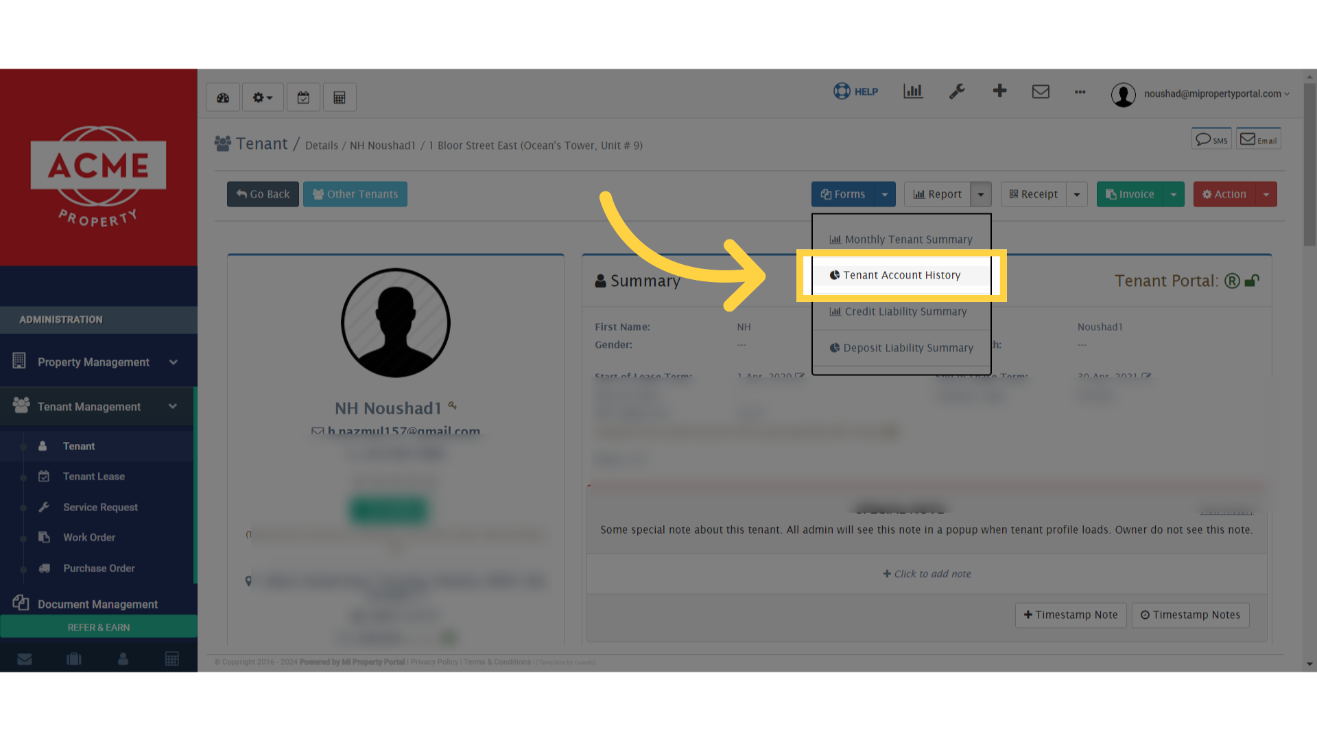 Click 'Tenant Account History'