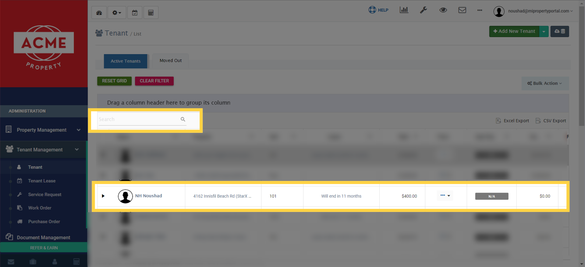 Next, search for the tenant you wish to update the rent for and click on the selected tenant name to access their profile.