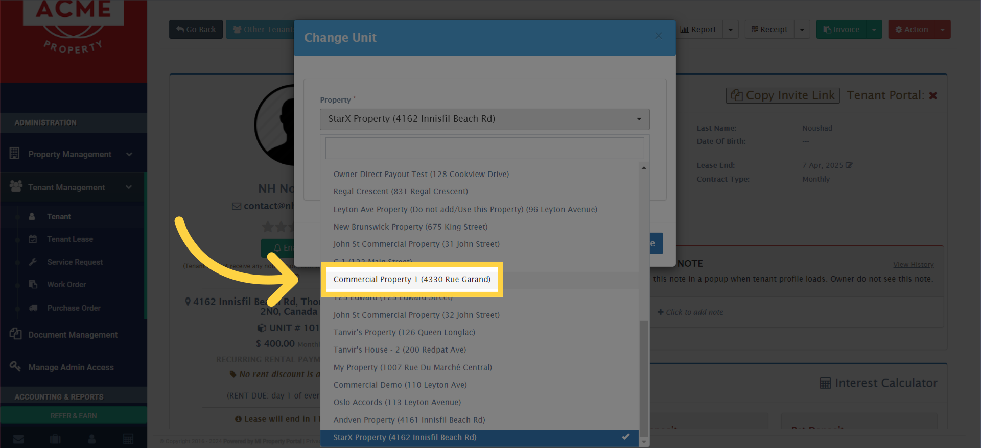Click on the 'Property' dropdown menu and search for the new property you wish to assign to the tenant.