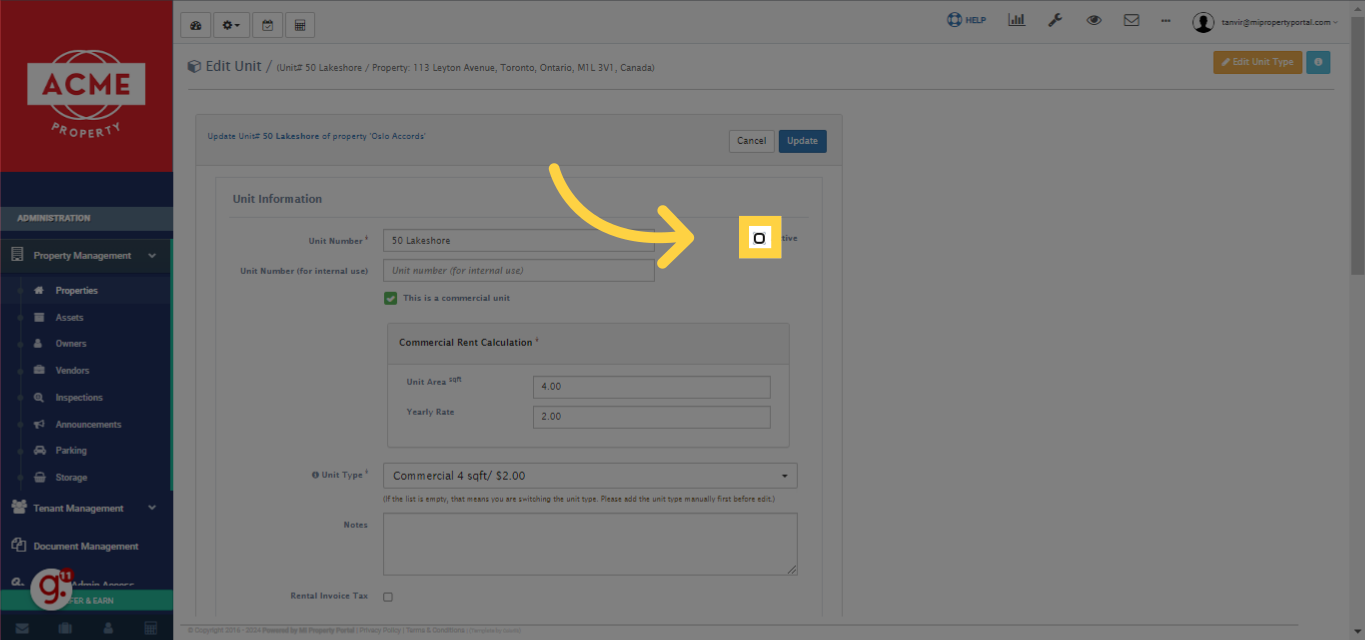 Ensure that the box is unticked to successfully deactivate the unit.