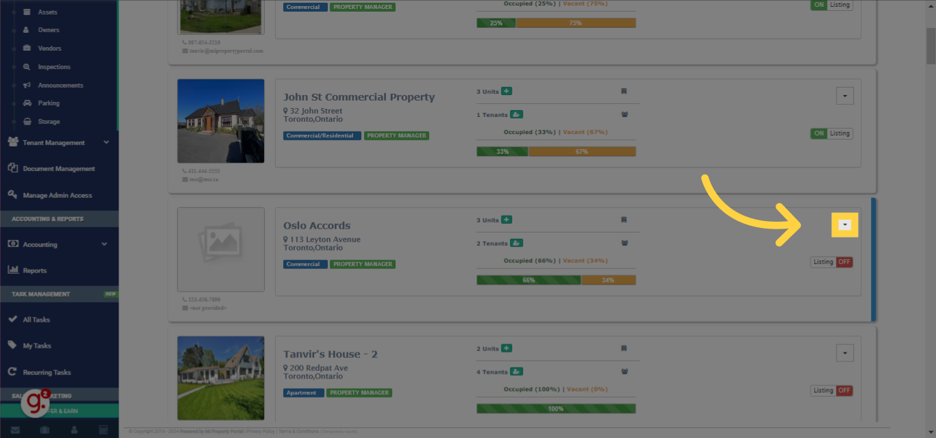 Once you've chosen the property you wish to work with, click on the dropdown beside its display.