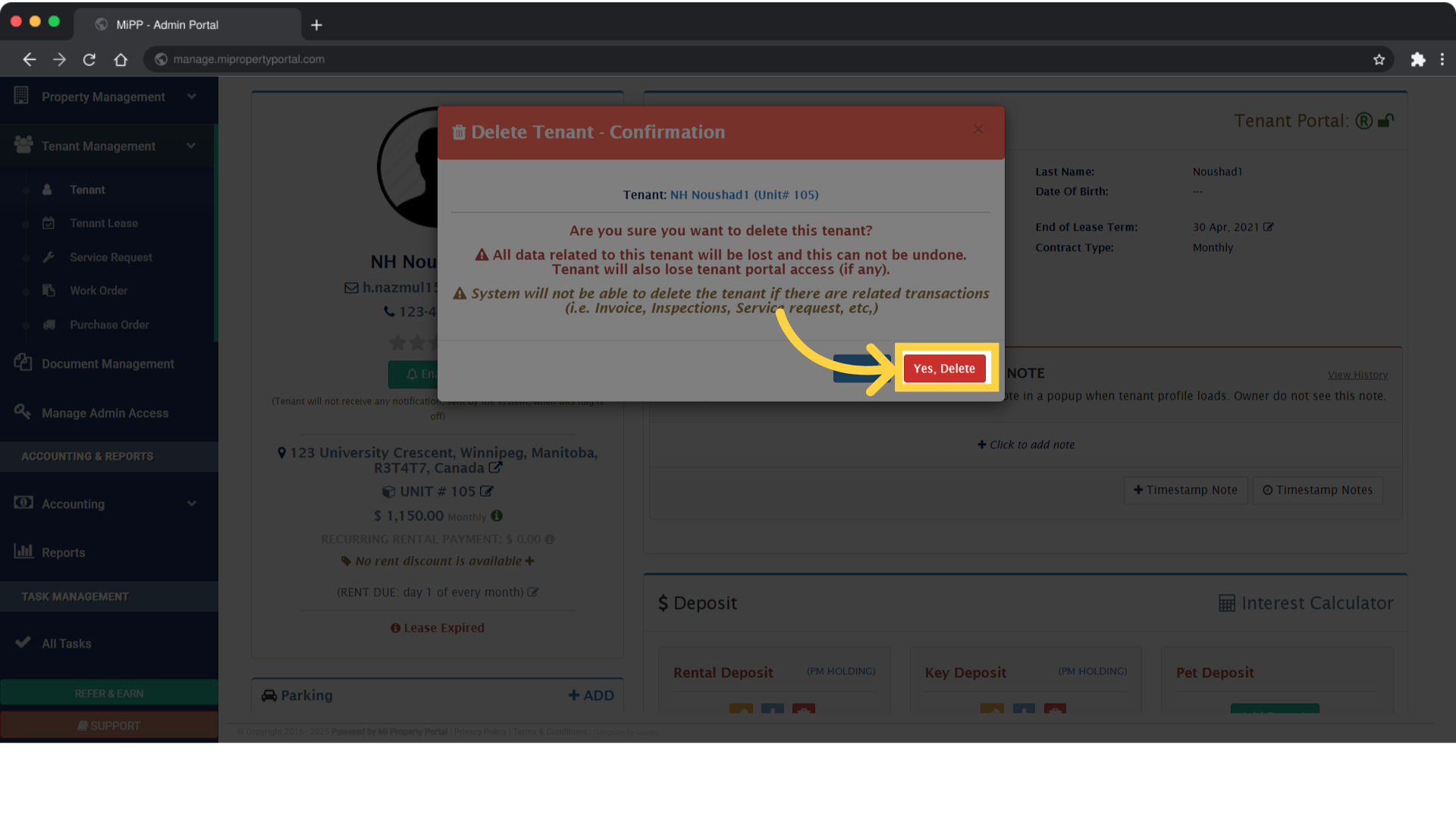 Click 'Yes, Delete'
