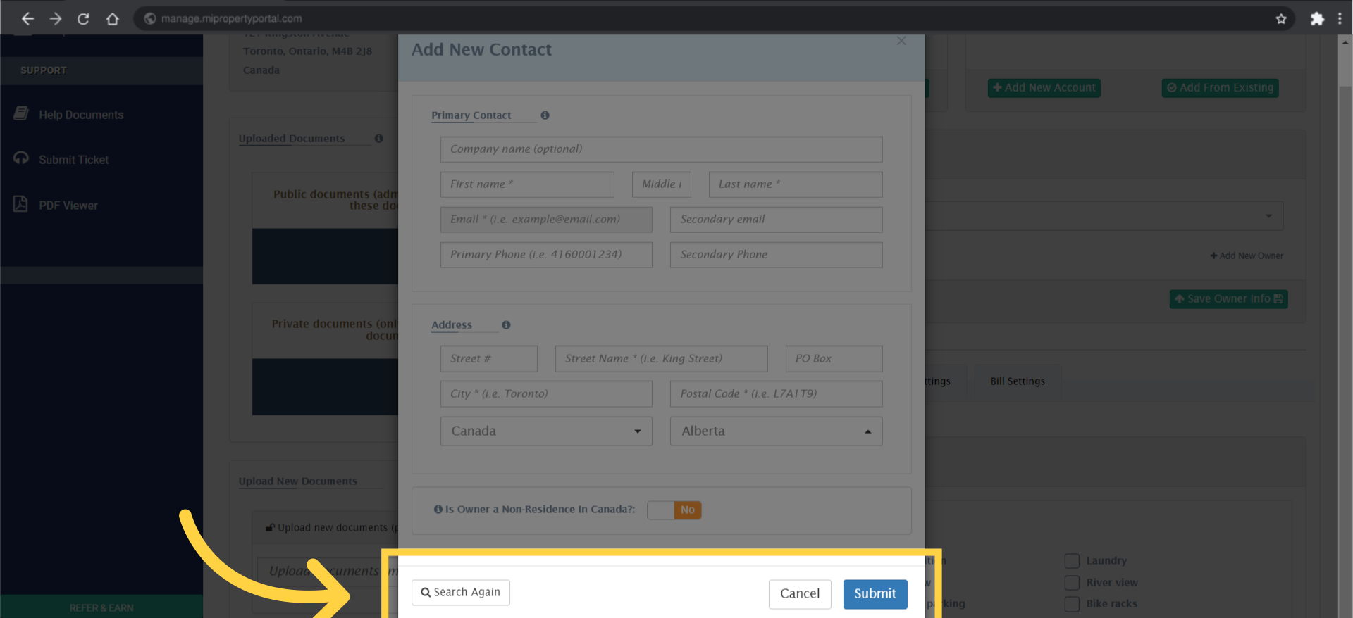 Click 'Search Again Cancel Continue Submit'