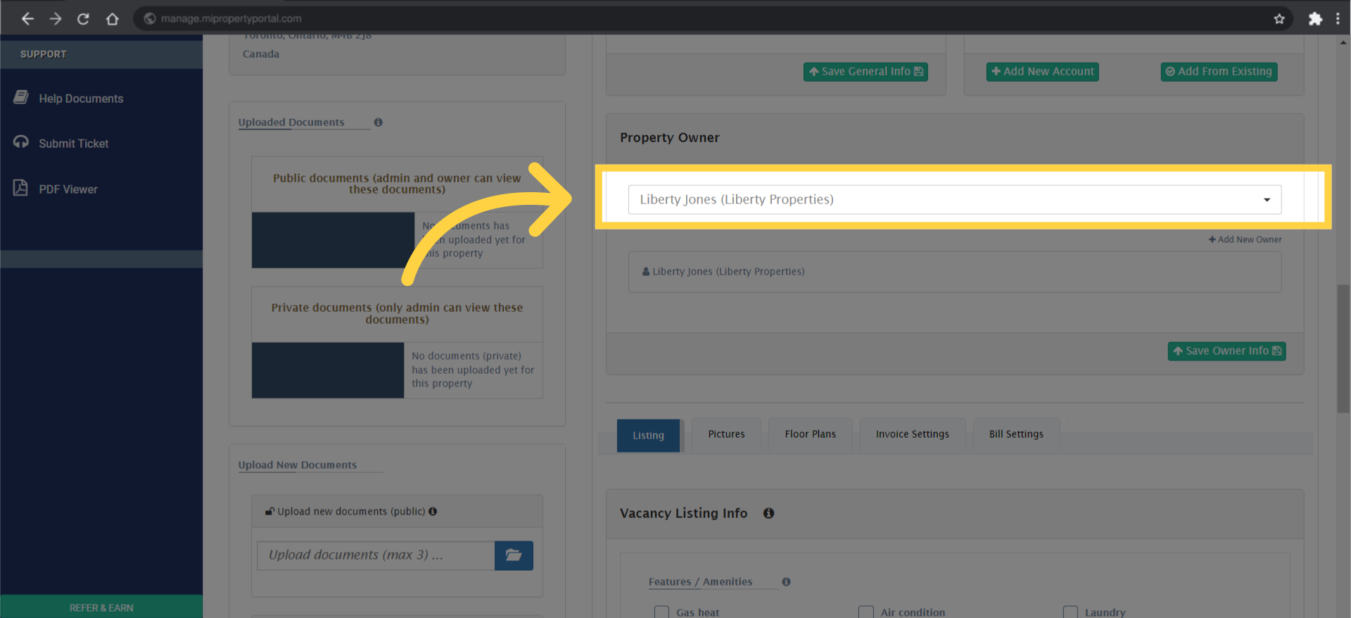 To unlink an owner, click the 'Property Owner' dropdown