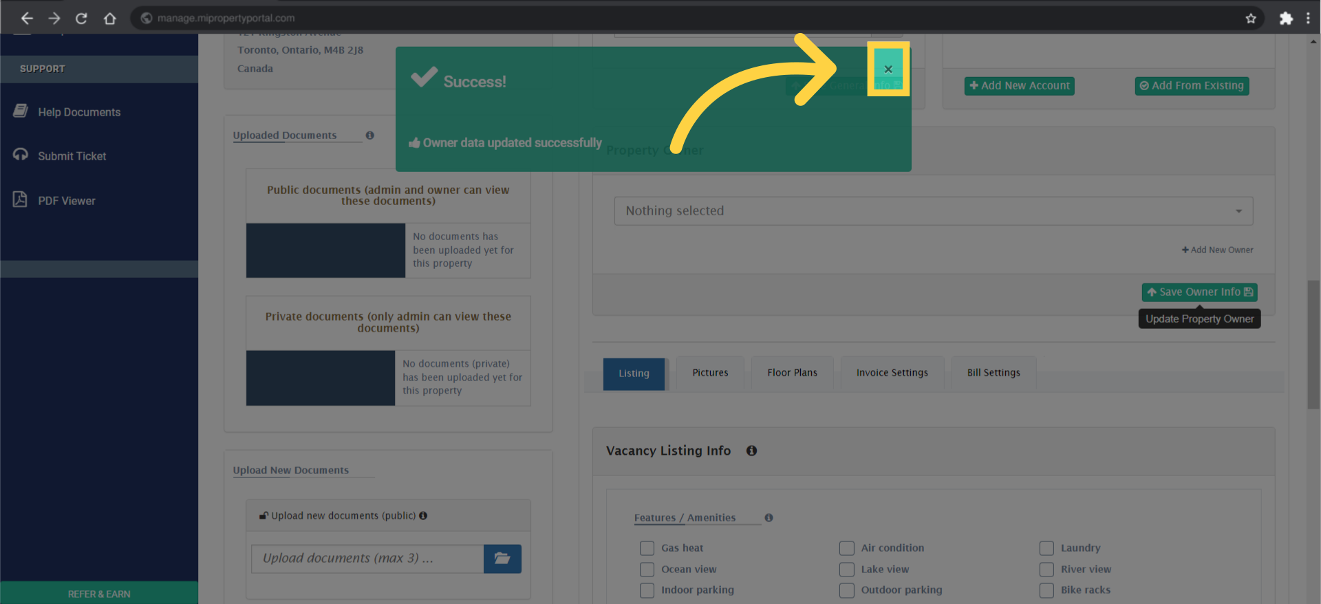 You'll see that the owner is now unlinked from the selected property from a Pop-up.
