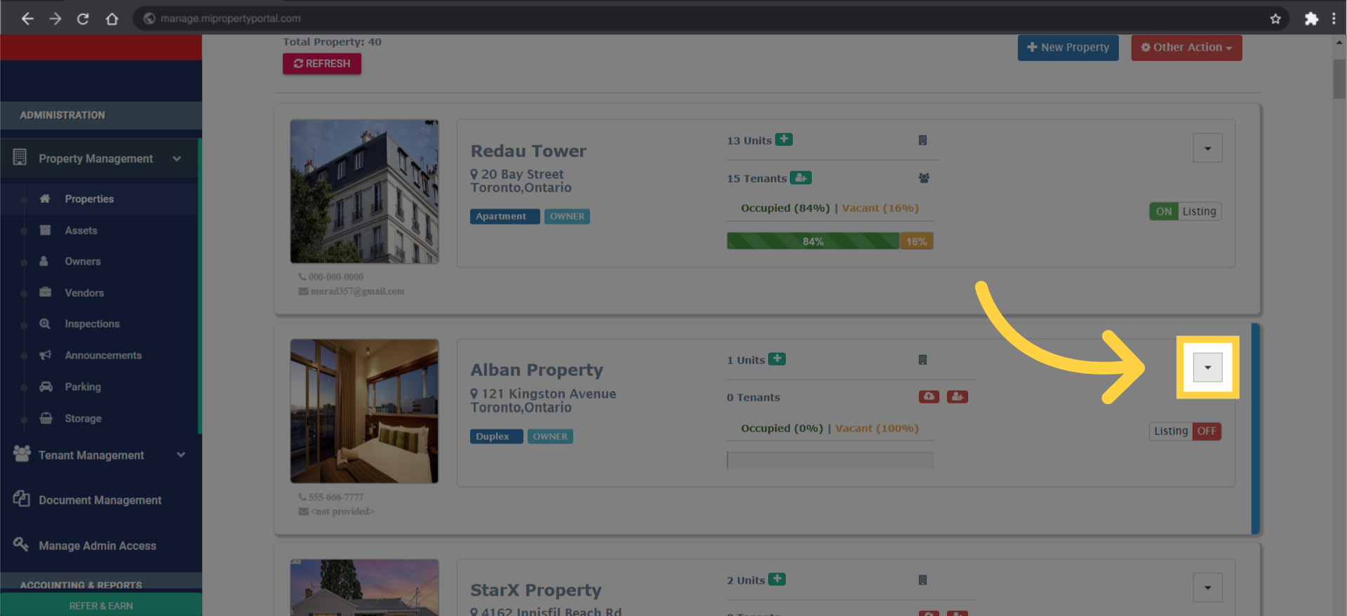Click on the dropdown menu next to the property display.