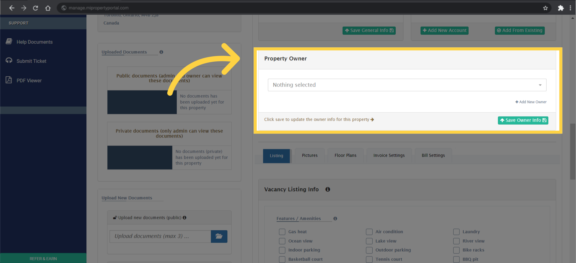 Under 'Property Owner,' you will notice it indicates 'Nothing selected.'