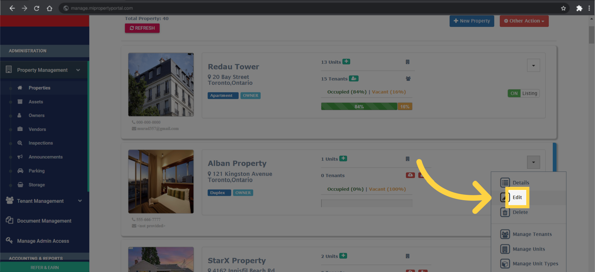 Select 'Edit' to modify the property details