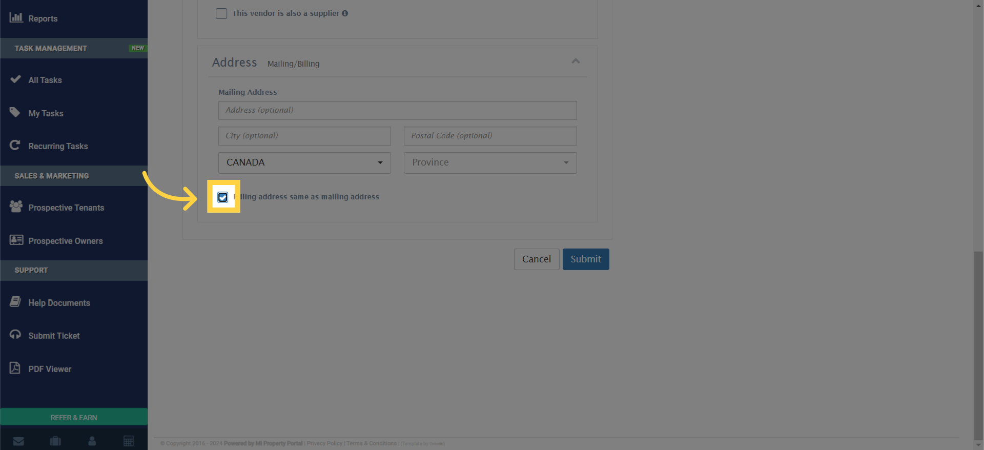 If the mailing address and billing address are the same, simply click the box 