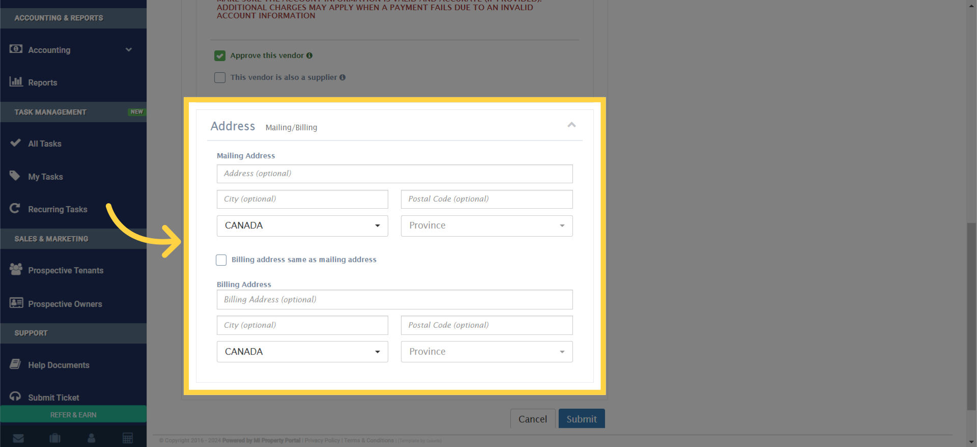 Fill out the 'Address Mailing/Billing' section accurately.