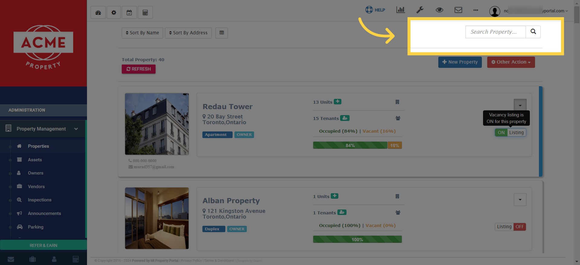 Now, use the Search Property field at the top to find the property you want to manage