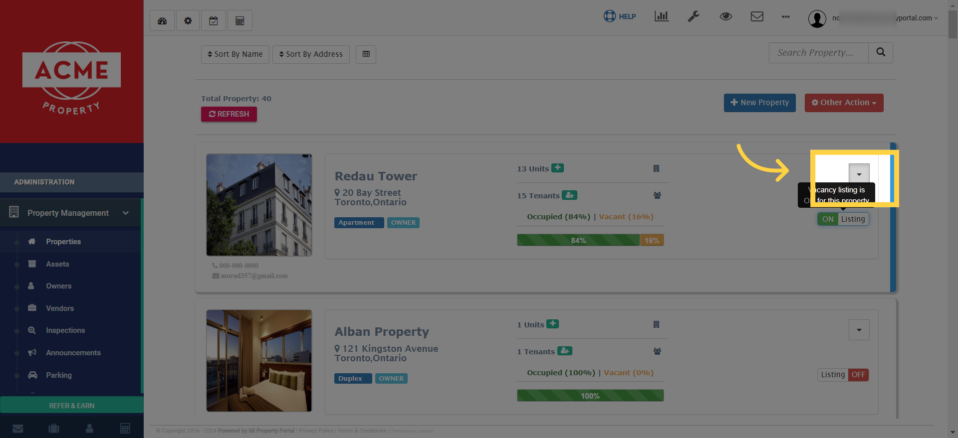 Click on the dropdown menu next to a vacant property