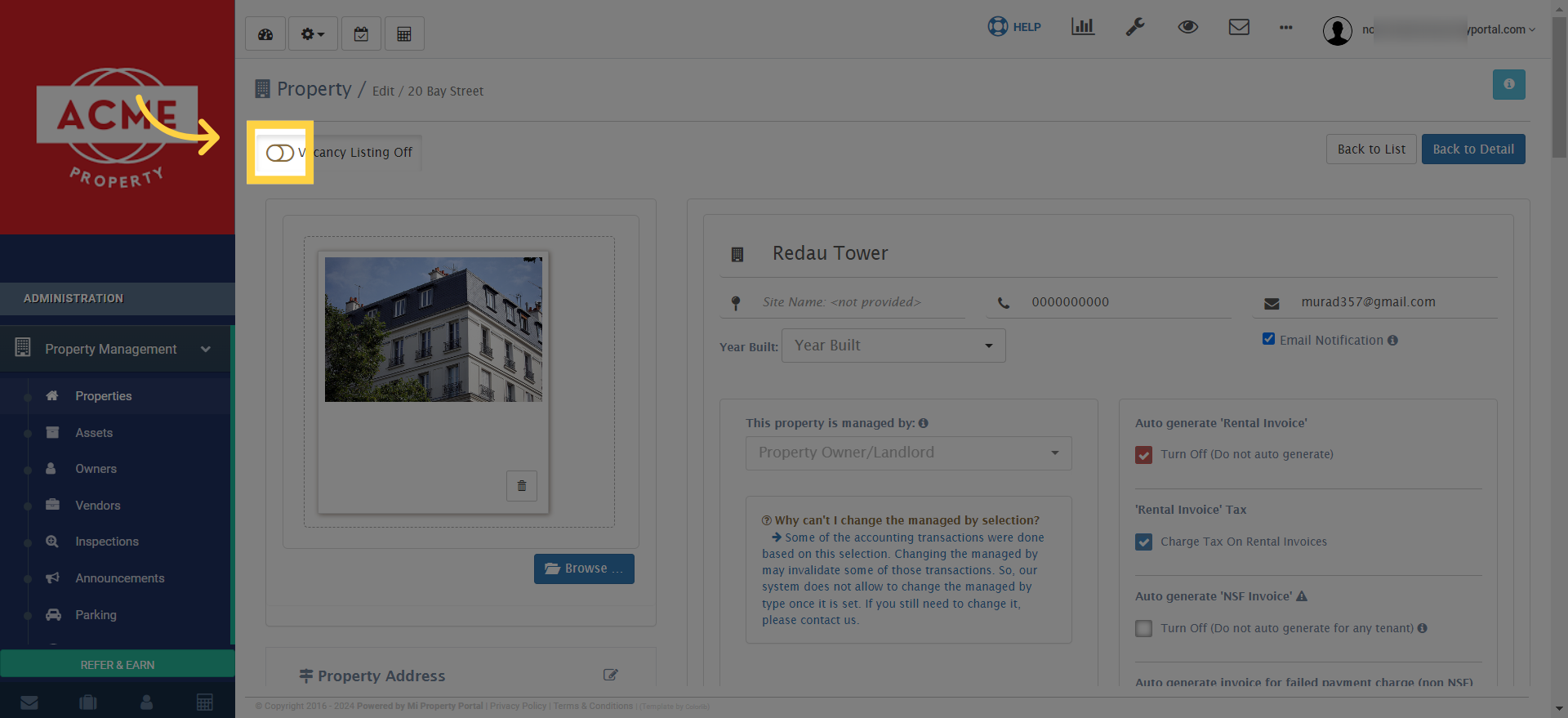 Click on 'Vacancy Listing Off' to enable the property listing again