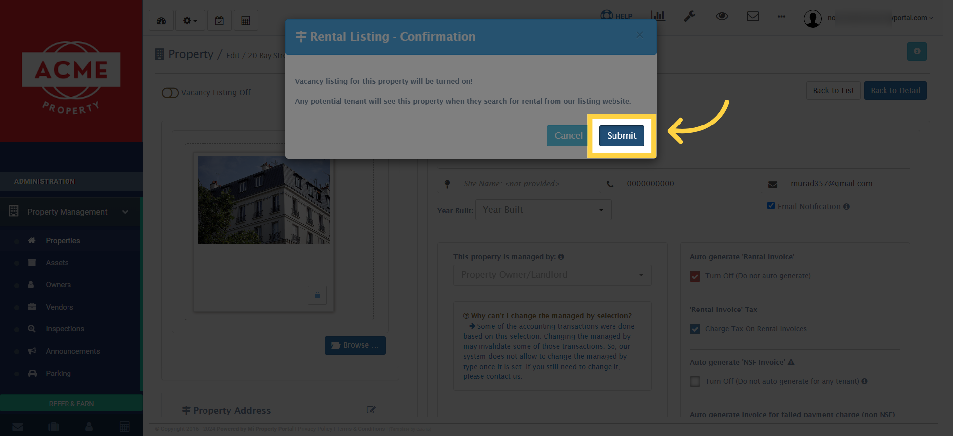 Click on 'Submit' to confirm and save the enabling of the vacant property listing