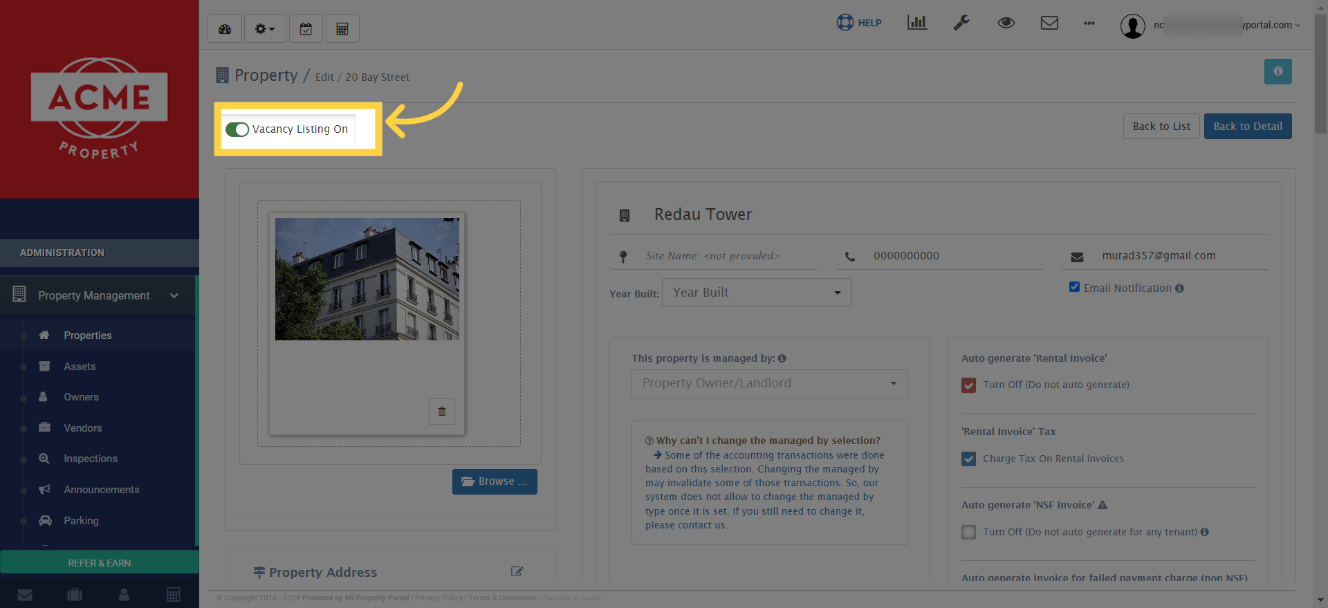 Click on the 'Vacancy Listing On' button to disable the vacant property listing