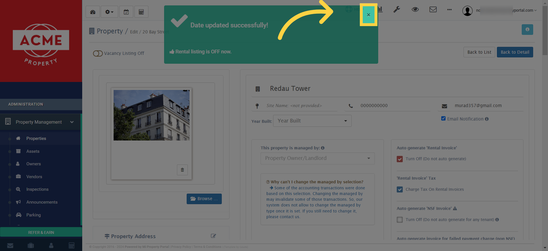 The vacant property listing is now successfully disabled. Close the pop-up confirmation