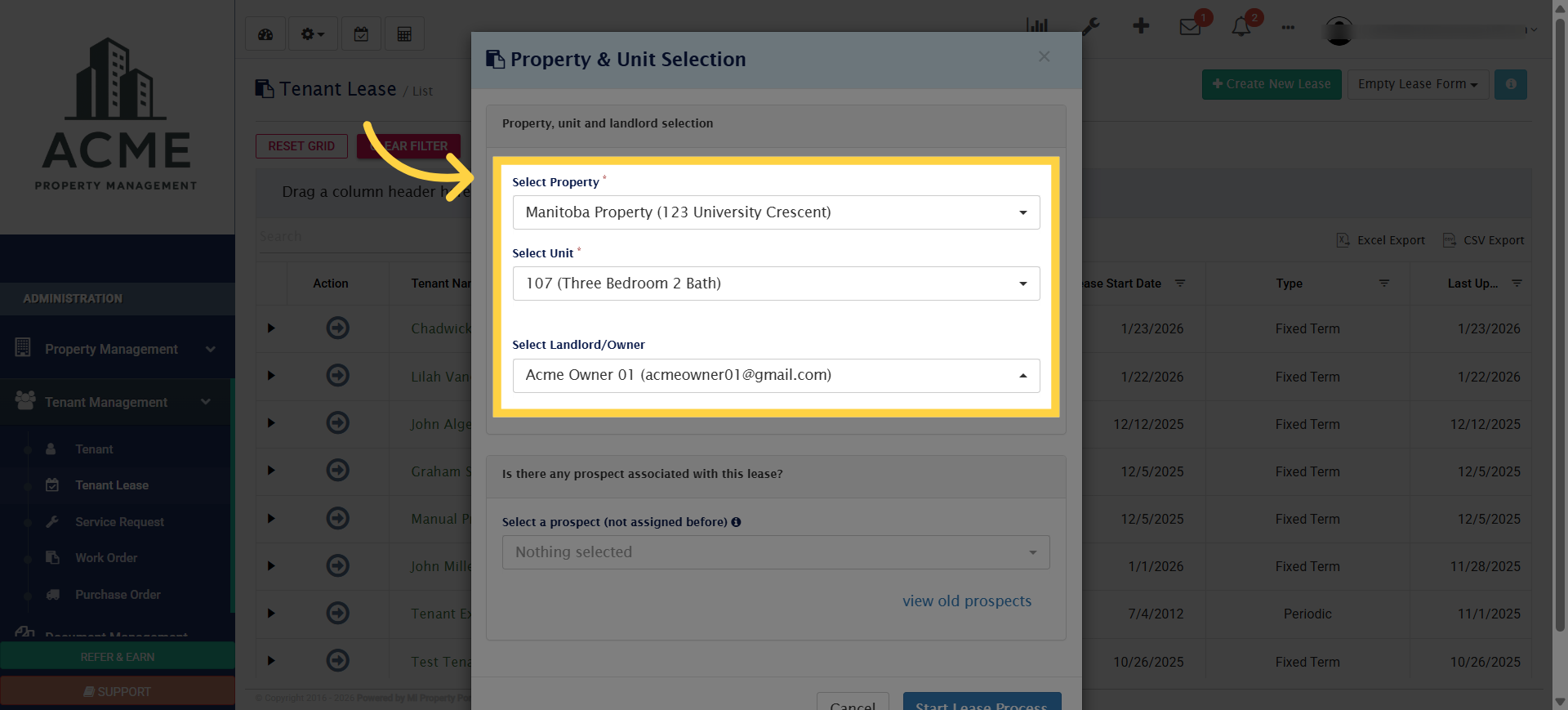 Choose Unit for Lease