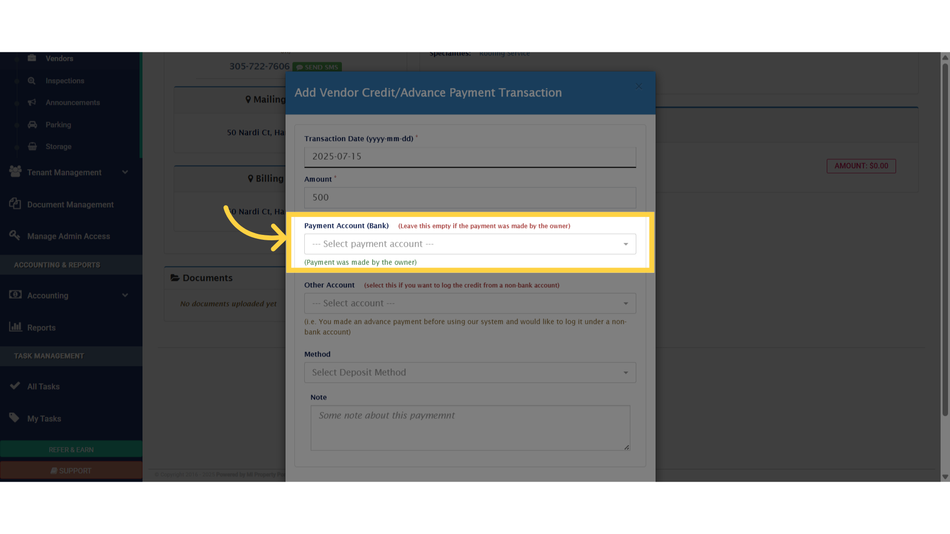 Click 'Payment Account (Bank)   (Leave this empty if the payment was made by the owner) --- Select payment account --- 10010 - Checking...'