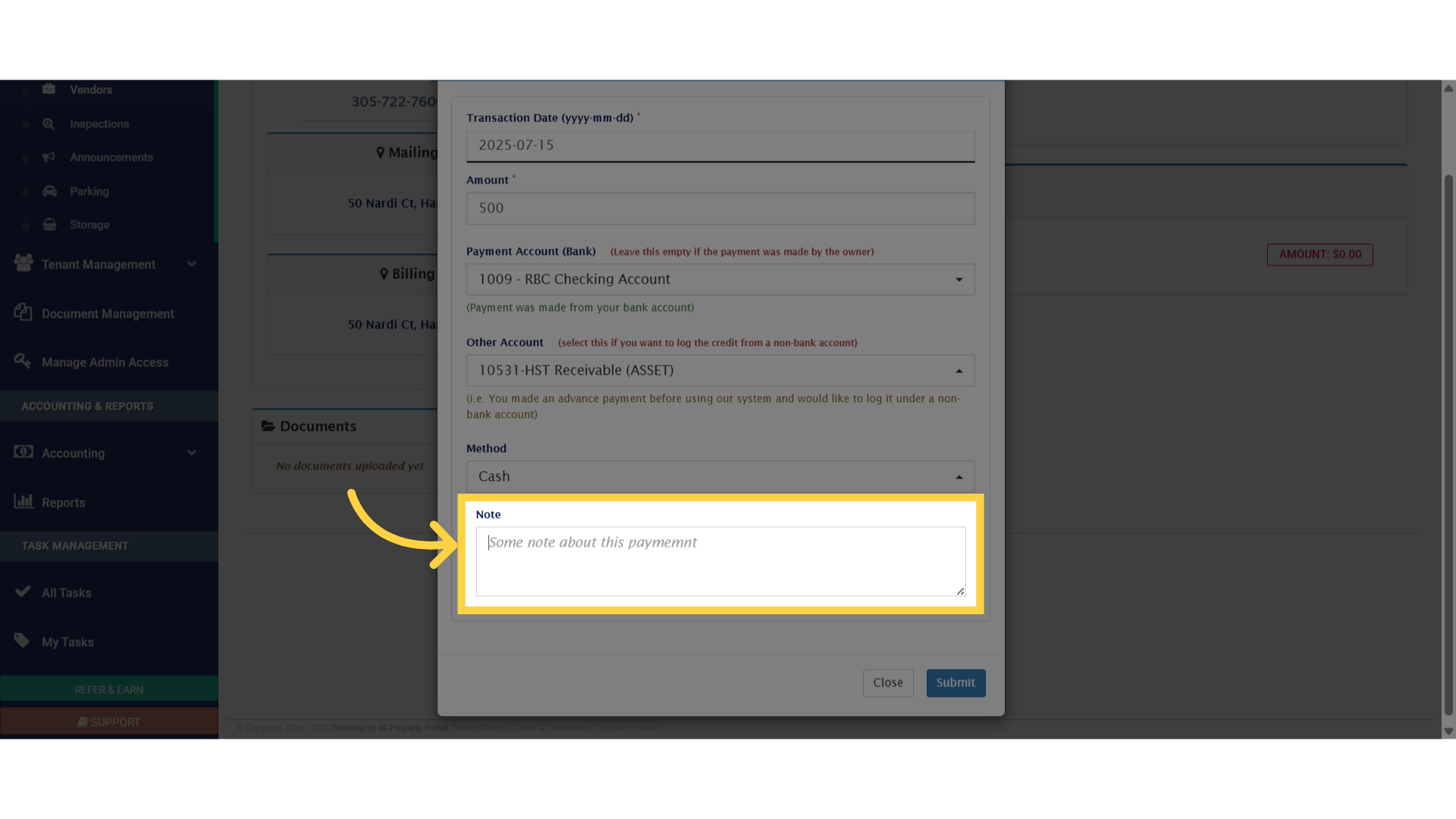 Click 'Some note about this paymemnt'