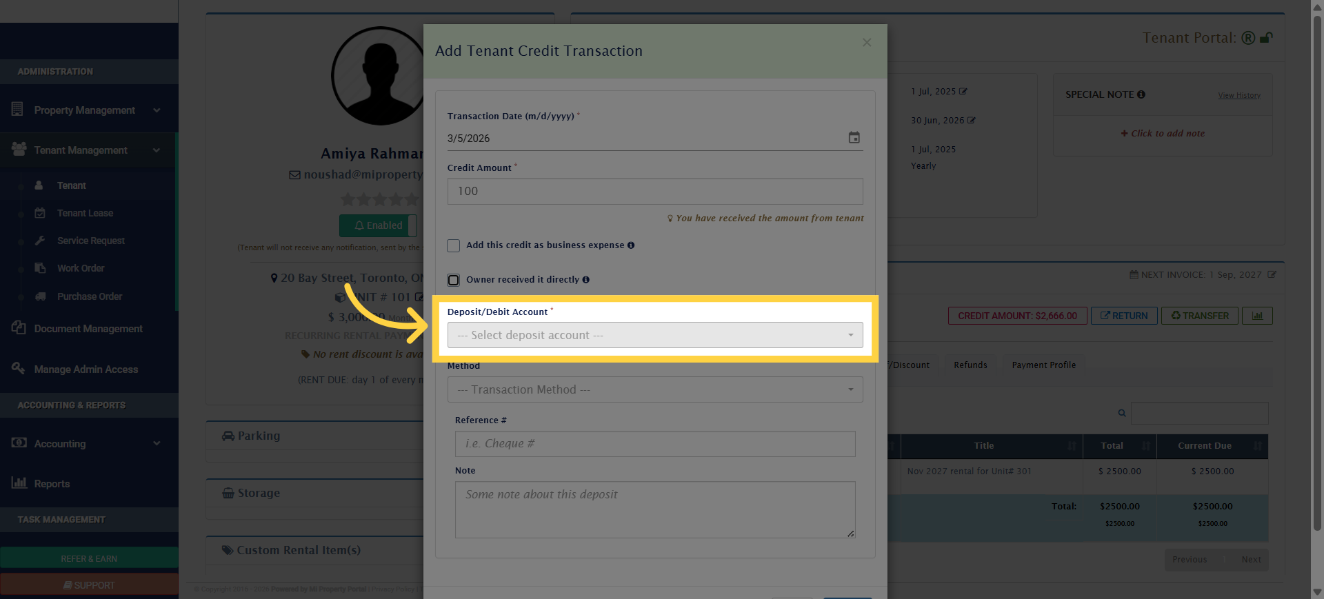 Select Deposit Account Dropdown