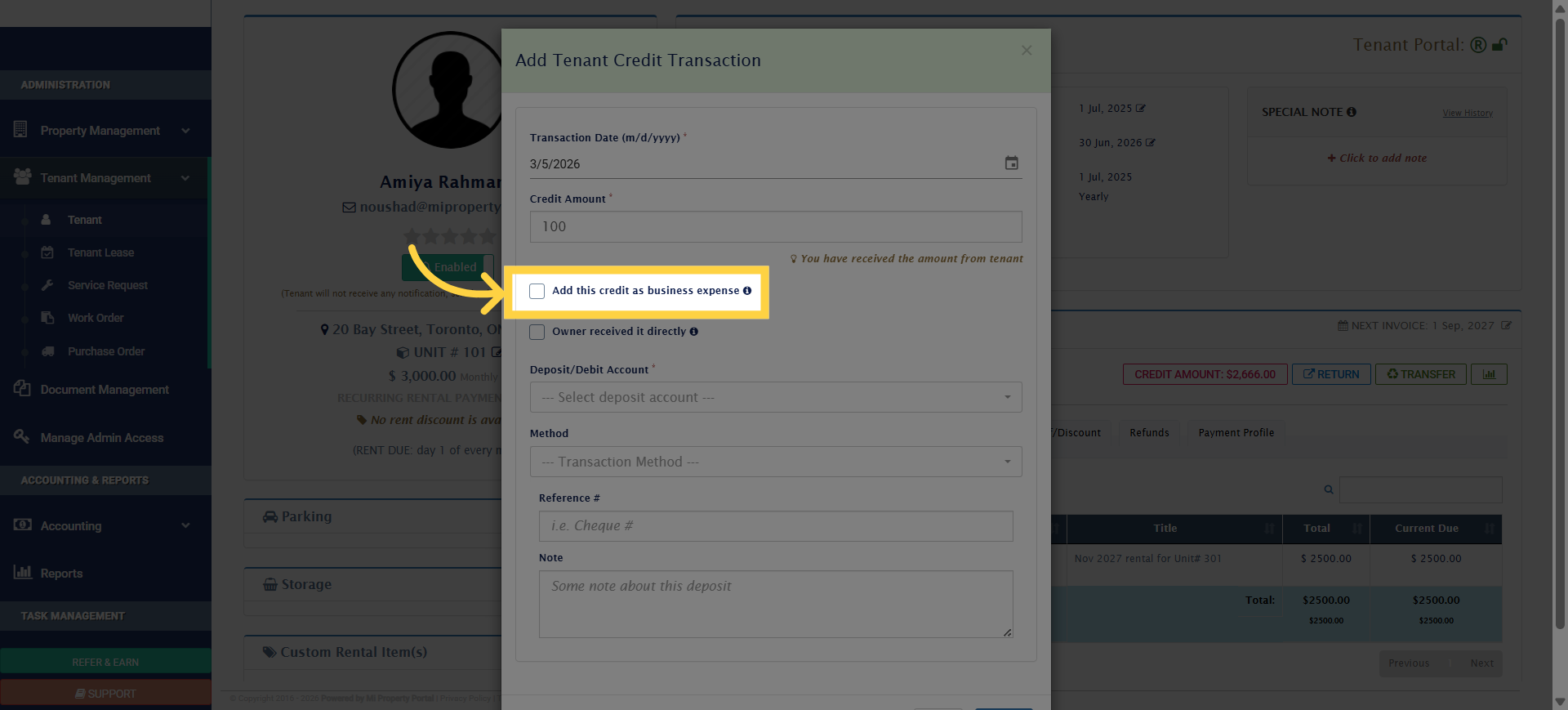 Toggle Business Expense Option