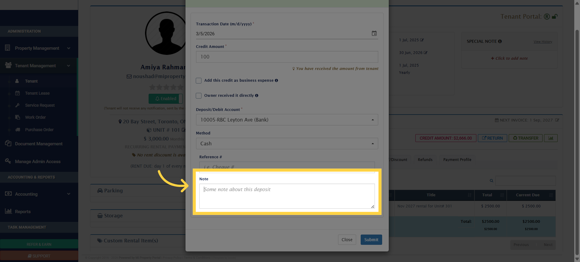 Enter Transaction Note