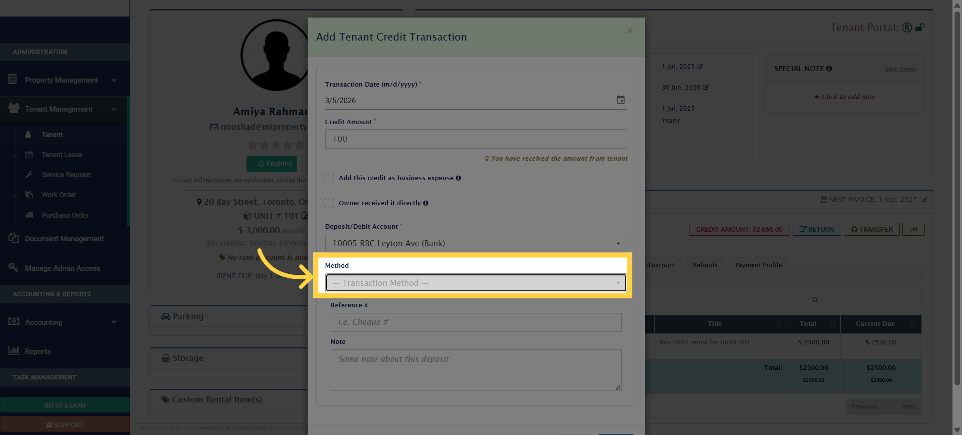 Open Transaction Method Dropdown