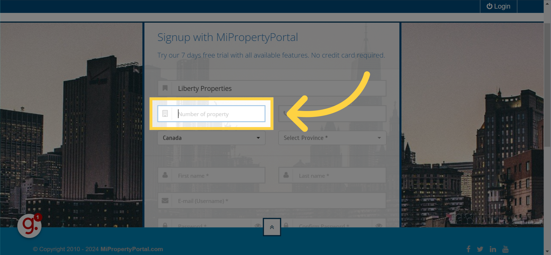 Fill in the 'Number of Property' field