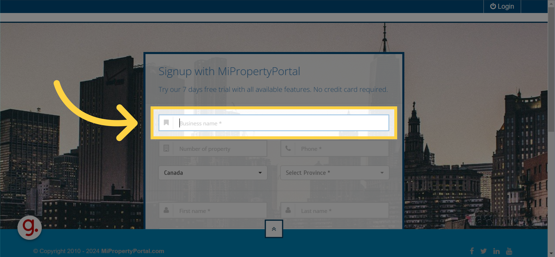 Click on the 'Business name' field and type in the business name details