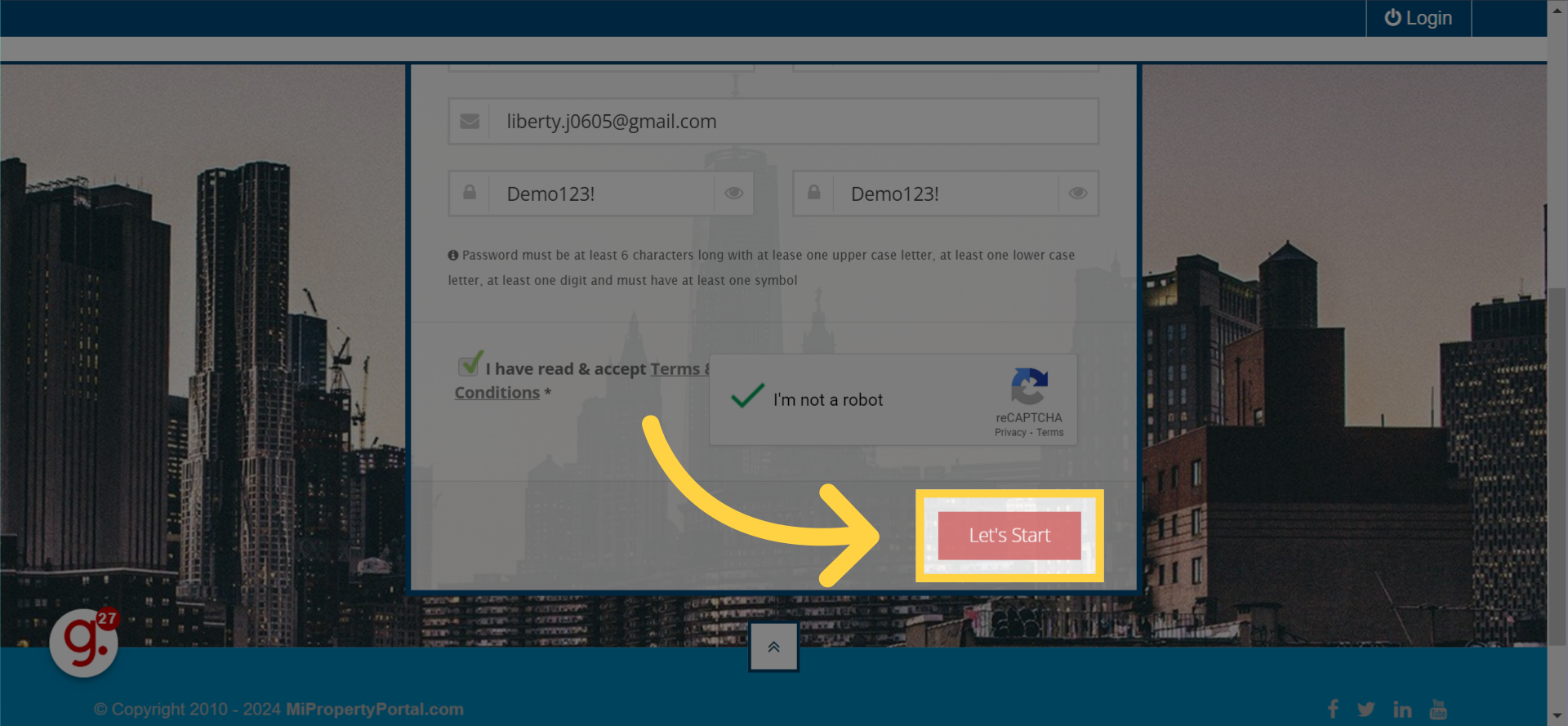 Click on the 'Let's Start' button