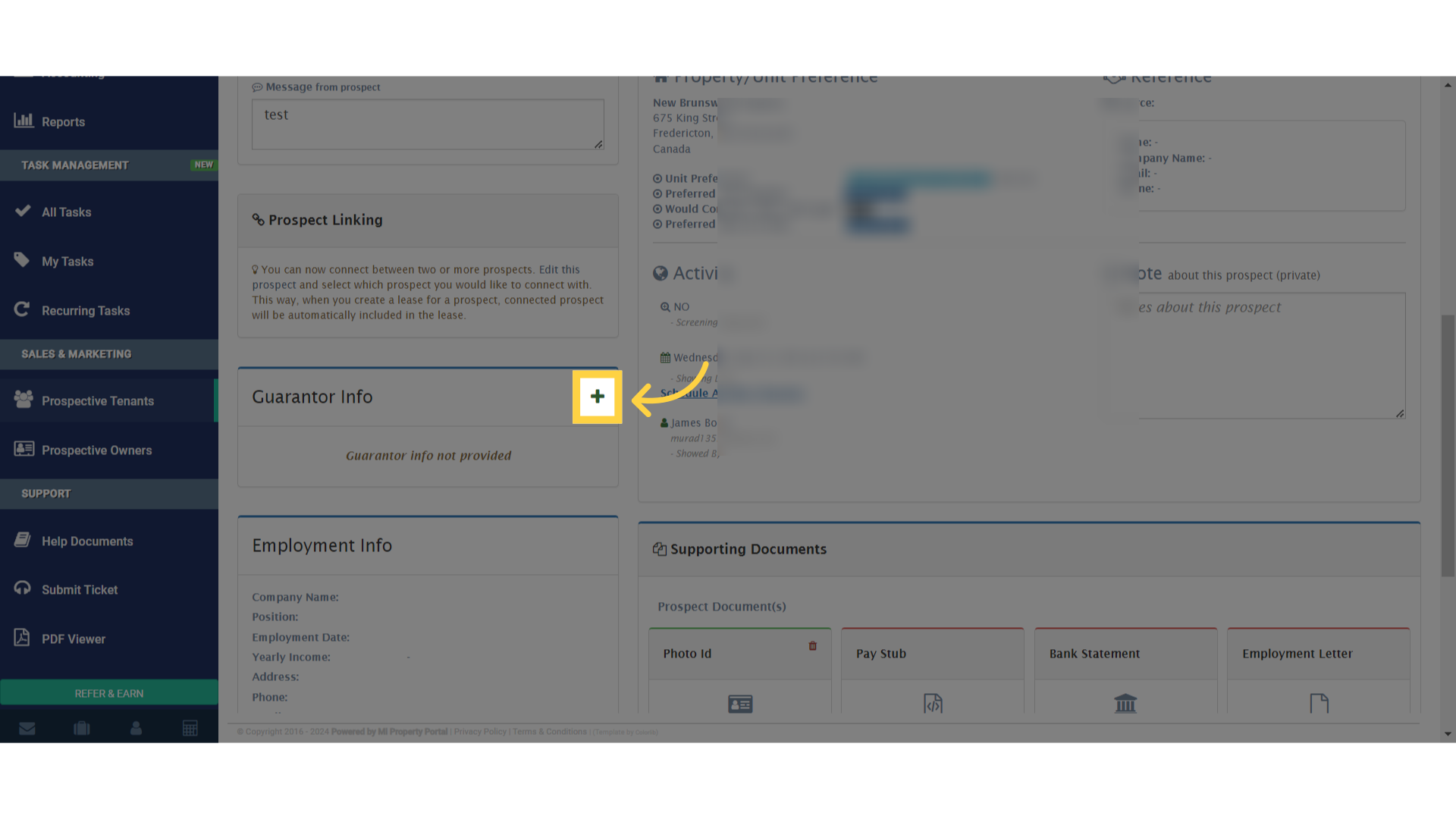 Click on the '+' icon next to 'Guarantor Info'