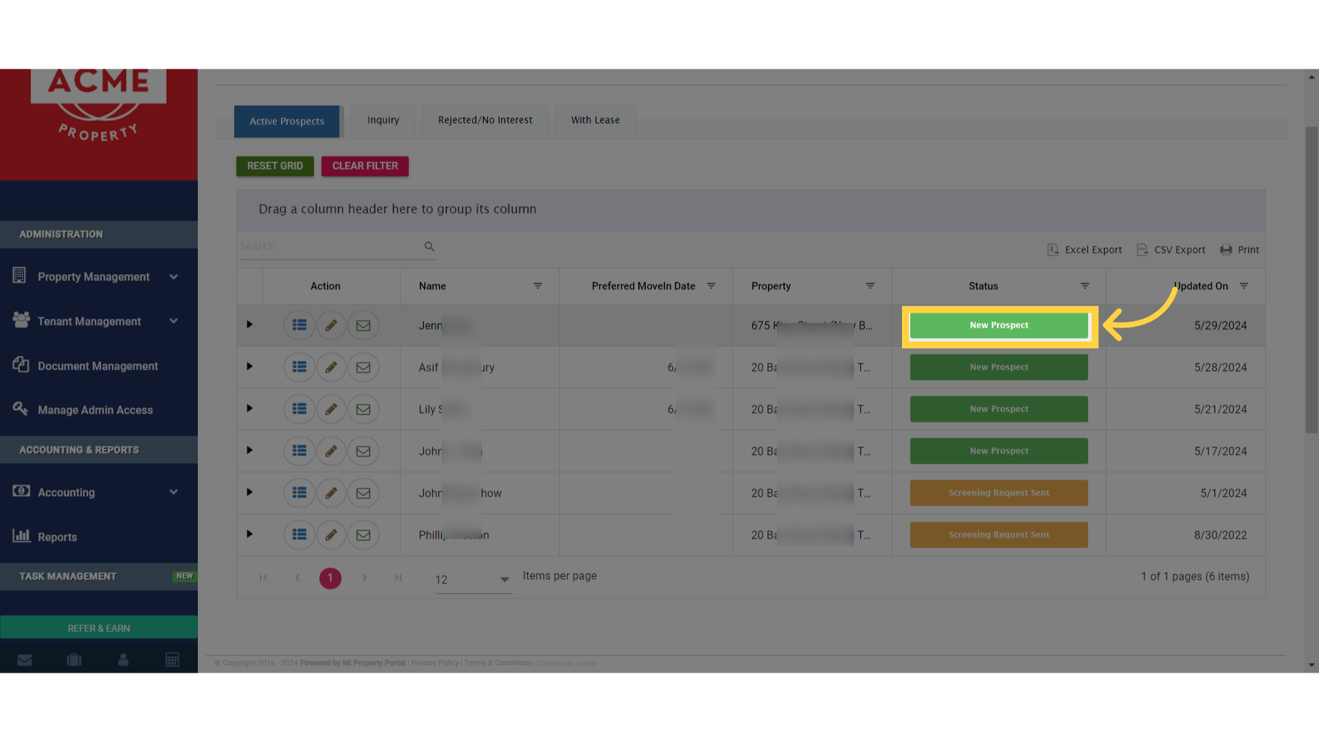 Find the tenant you're working with and select 'New Prospect' under the Status column to proceed