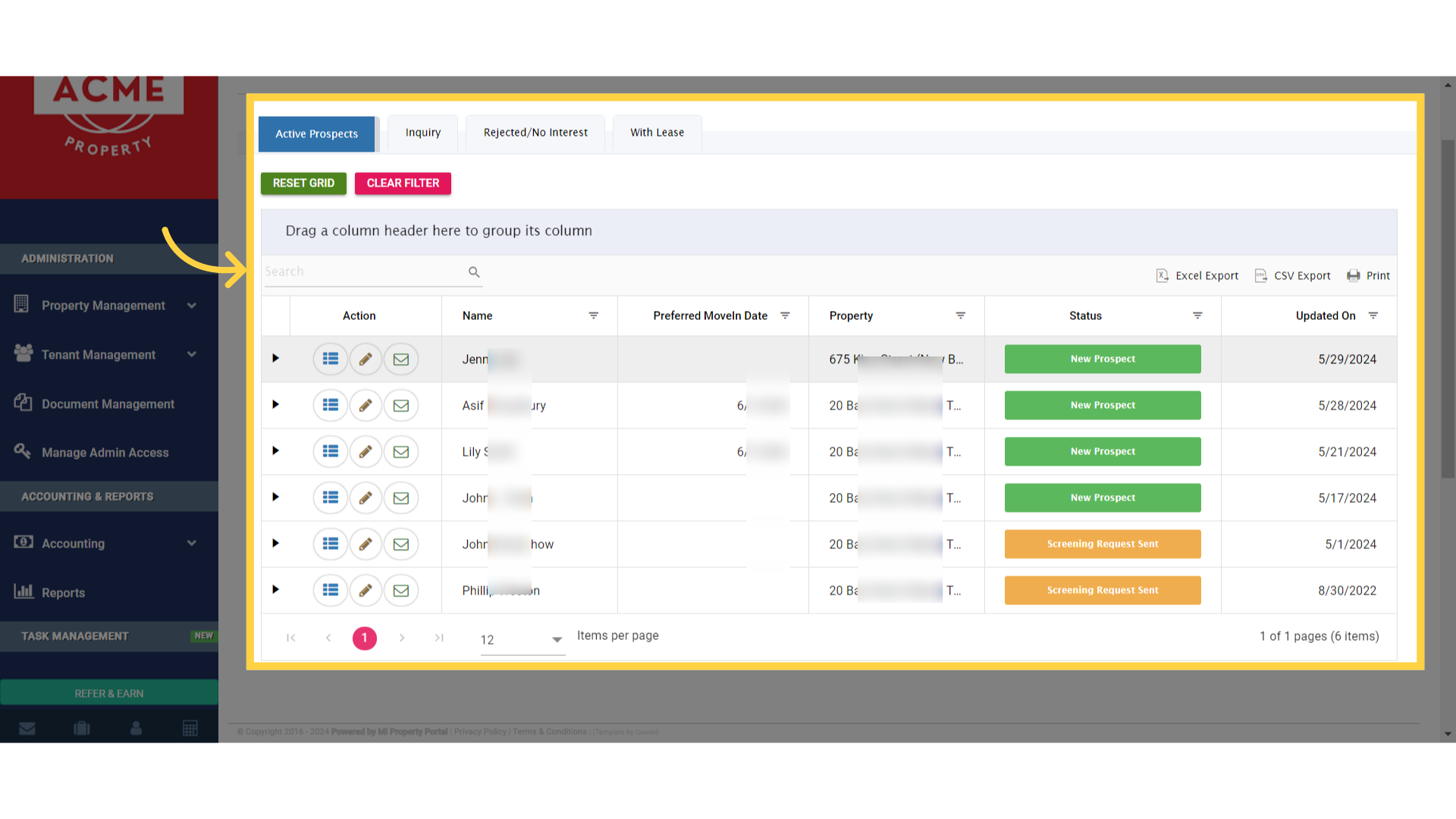 Once there, you will be redirected to the Prospect / List page, where you can begin your search for the relevant tenant